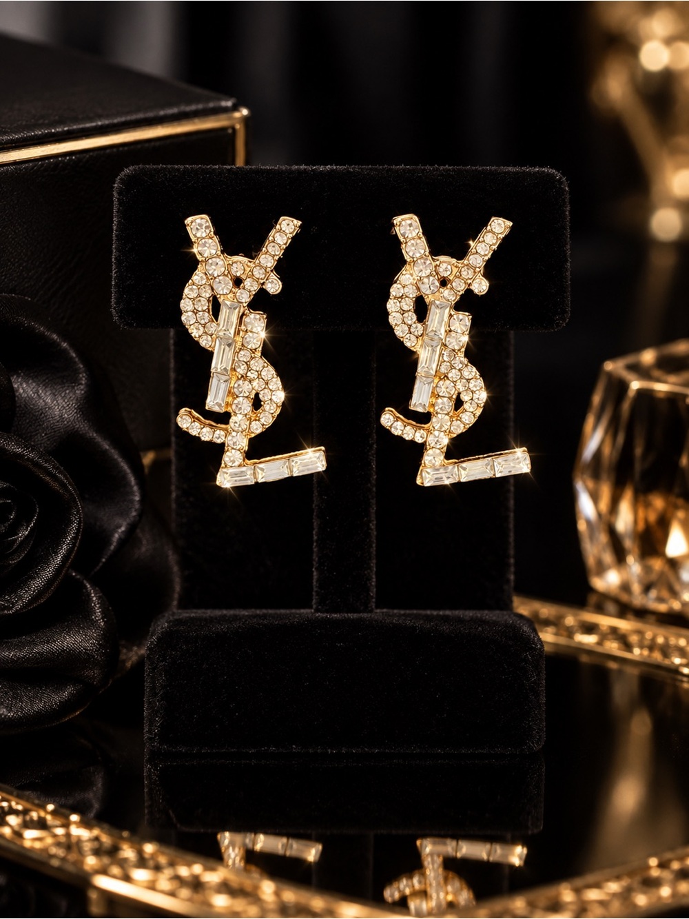 Gold Rhinestone Crystal YSL Monogram Statement Earrings